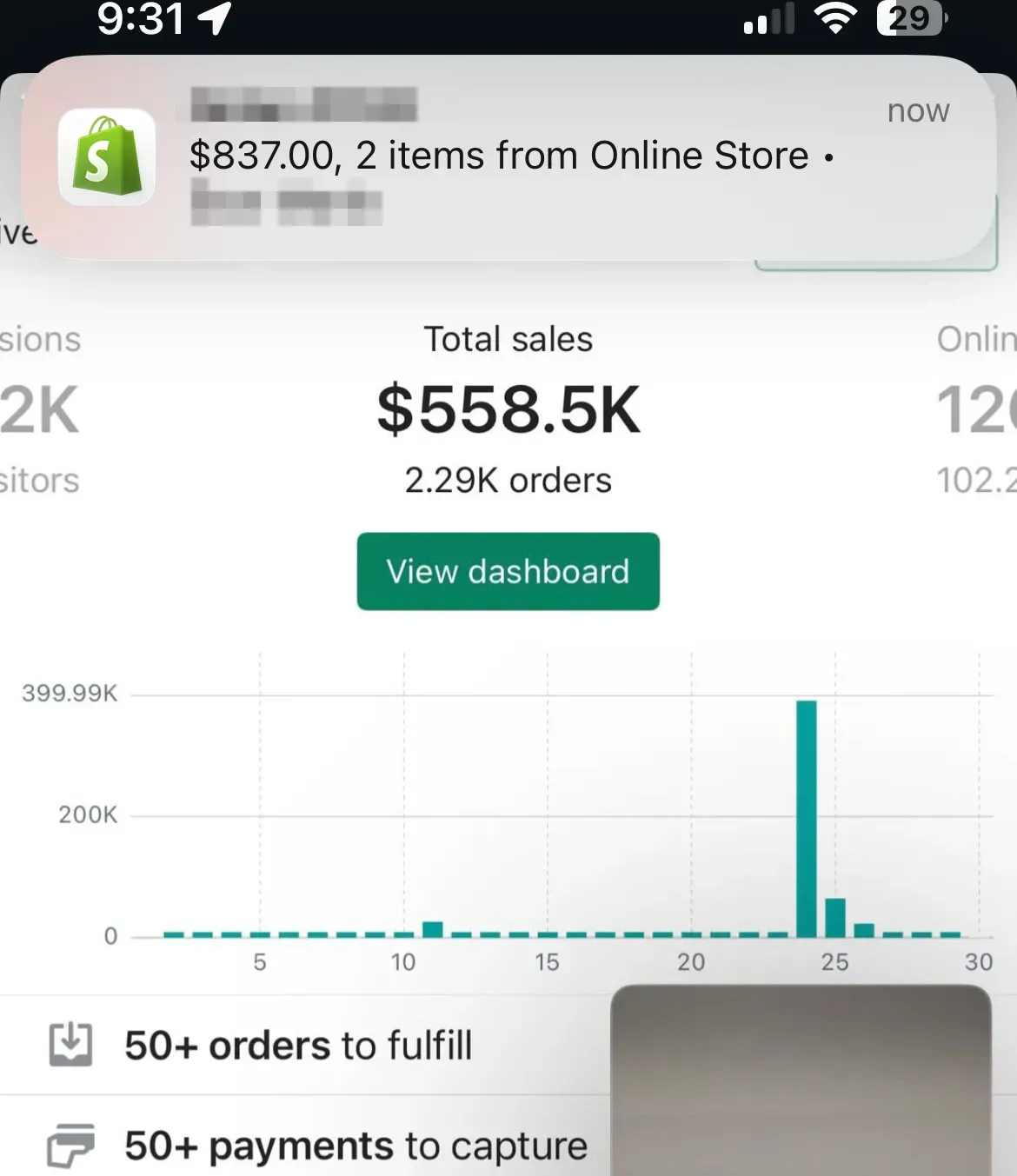 Shopify mobile dashboard showing $558.5K in total sales across 2.29K orders, with a live order notification for $837.00.